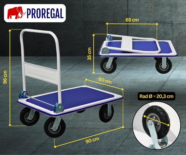 PROREGAL Faltbarer Transportwagen BIG RHINO HxBxT 96 x 90 x 60 cm Tragkraft 300 kg Luftbereifung Rad-Ø 20,3 cm Blau-Grau