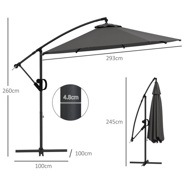 Outsunny Ampelschirm mit Kreuzfuß, mit Kurbel, Neigung und 8 Rippen, für Außenpool, Garten, Balkon,  Ø293 cm, Metall, Polyester, Grau