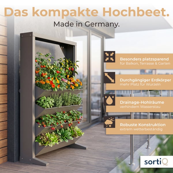 Vertikales Hochbeet aus Metall mit vier Pflanzebenen auf einem Balkon, präsentiert mit Vorteilen zu Platzersparnis, Erdvolumen und Witterungsschutz.