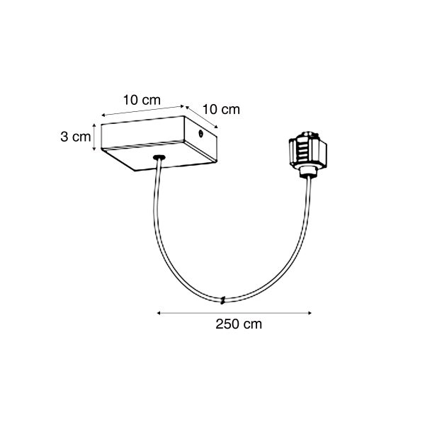 Technische Zeichnung einer Deckenhalterung mit den Massen 10 x 10 x 3 cm und einer Kabellänge von 250 cm.