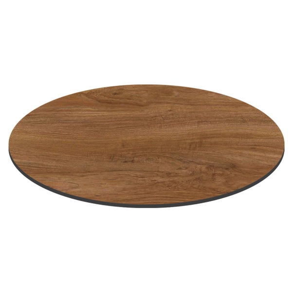 Ovale Tischplatte in dunkelbrauner Holzoptik mit schwarzer Kante.