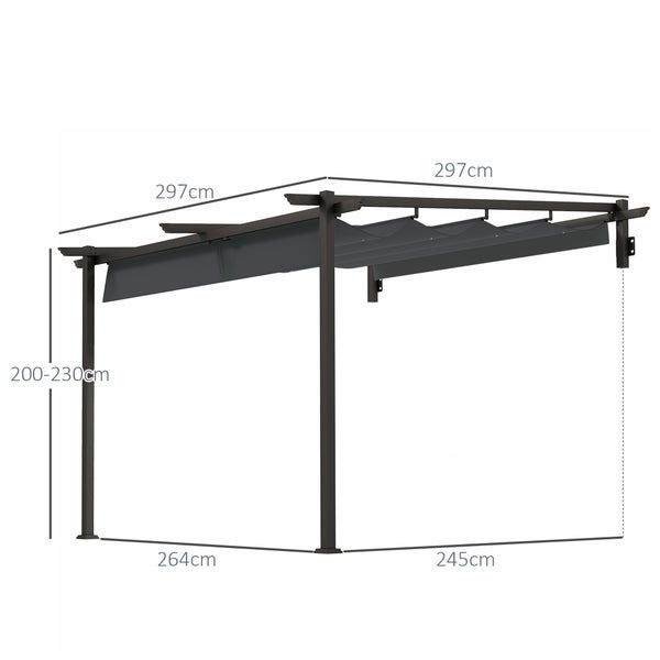 Outsunny Terrassendach Pergola ca. 3x3m Terrassendachung, Garten Pavillon aus Aluminium, Wandmontage, Gartenpavillon mit Verstellbares Dach, Sonnenschutz für Terrasse und Garten, Dunkelgrau