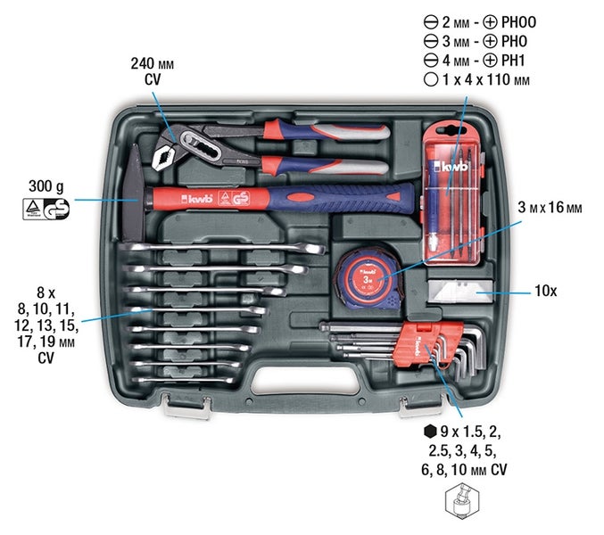 kwb Werkzeug-Koffer inkl. Werkzeug-Set, 65-teilig, gefüllt, robust und hochwertig, ideal für,den Haushalt oder oder die Garage, im praktischen Kunststoffkoffer, Mehrfarbig