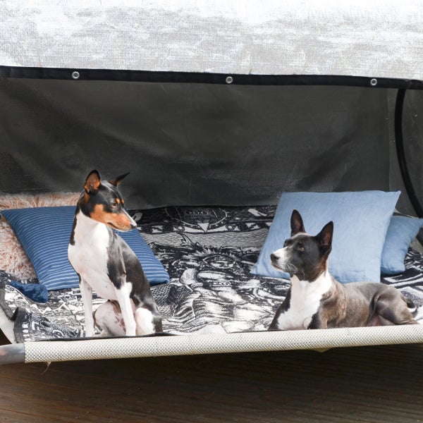 Moderne Hundelounge mit Sonnendach, blauen Kissen und gemusterter Decke auf einer Holzterrasse. Zwei Hunde sitzen geschützt im Schatten.