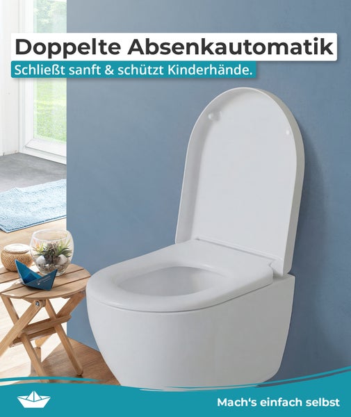 Hängendes WC mit weißem Toilettendeckel und Absenkautomatik in einem Badezimmer mit Holzhocker und Pflanze