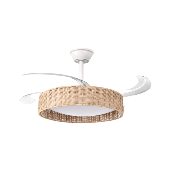 Deckenventilator mit ausklappbaren Flügeln und Rattan Leuchtenschirm