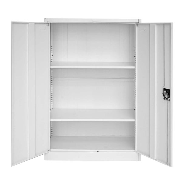 Offener Flügeltürenschrank mit drei Regalböden aus Metall