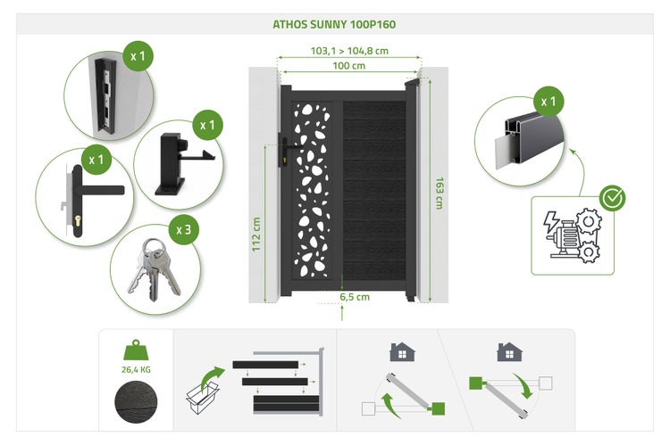 Technische Zeichnung des Gartentors Athos Sunny 100P160 mit Maßen, Zubehörteilen und Montageinformationen.