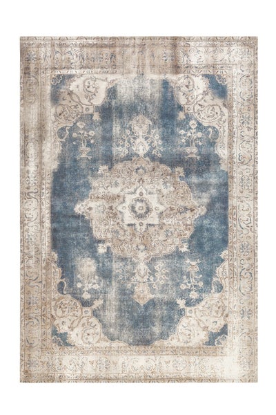 Teppich im Vintage-Stil mit zentralem Medaillon und verblassten orientalischen Mustern in Blau und Beige.