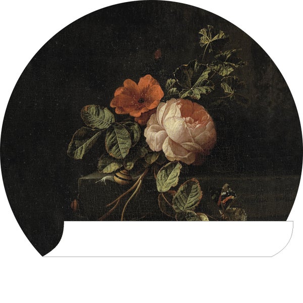 Gemälde mit Blumen, Blättern, Schmetterling und Schnecke