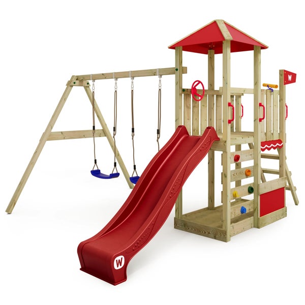 WICKEY Spielturm Klettergerüst Smart Savana mit Schaukel und Rutsche, Spielhaus mit Kletterleiter und Spiel-Zubehör – rot