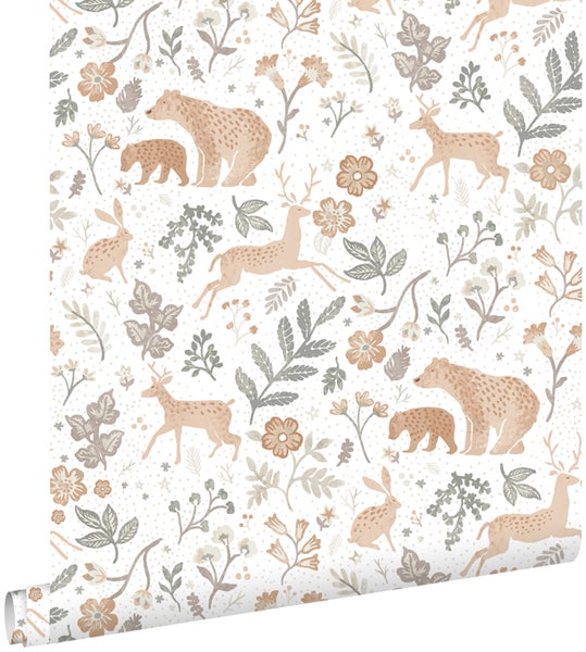 ESTAhome Tapete Wald mit Waldtieren Graugrün, Beige und Weiß - 53 cm x 10.05 m - 139585