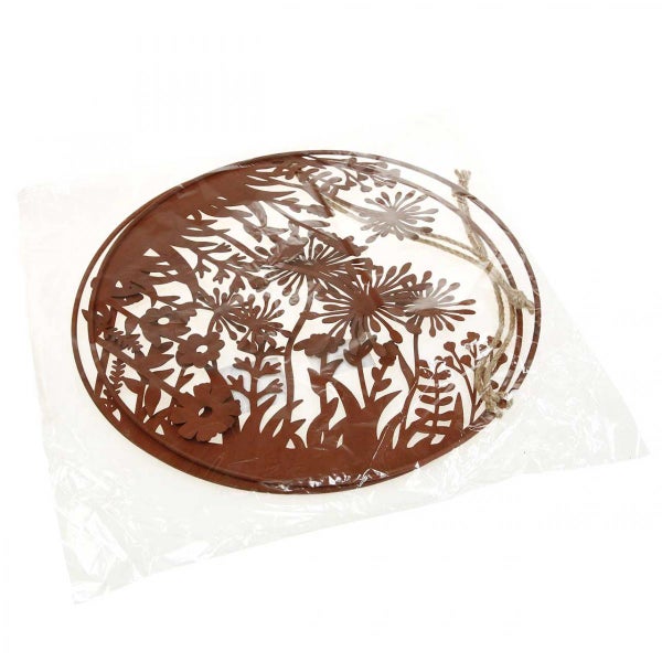 Dekorative Metall-Gartenstecker mit Blumenmuster in ovalem Rahmen mit Juteseil zum Aufhängen