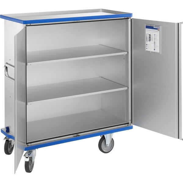 Rollschrank mit offenen Türen und drei Regalböden