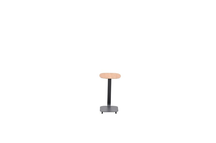Laptopständer mit ovaler Holzplatte und dunklem Metallgestell.