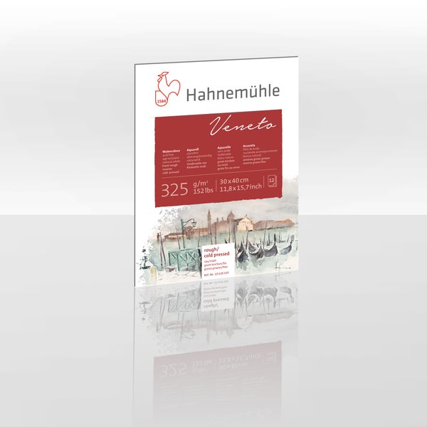 Hahnemühle Logo auf Veneto Aquarellblock, 325 Gramm pro Quadratmeter, 30 mal 40 Zentimeter, 12 Blatt, raue Oberfläche.