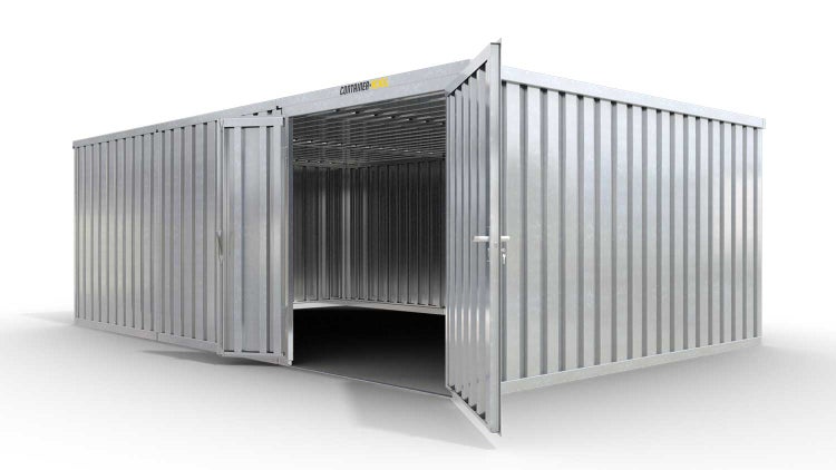 Lagercontainer Gerätehaus M3  – 18 qm, H2115 x B3050 x T6520 mm, verzinkt, ohne Fußboden, 1830 mm Doppelflügeltür mittig in Modul D, zerlegt