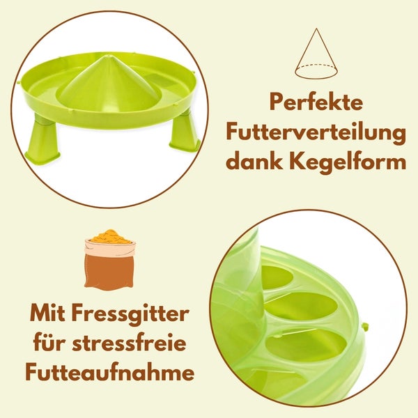 Geflügelfuttertrog mit Kegelform für optimale Futterverteilung und Fressgitter für stressfreie Futteraufnahme.