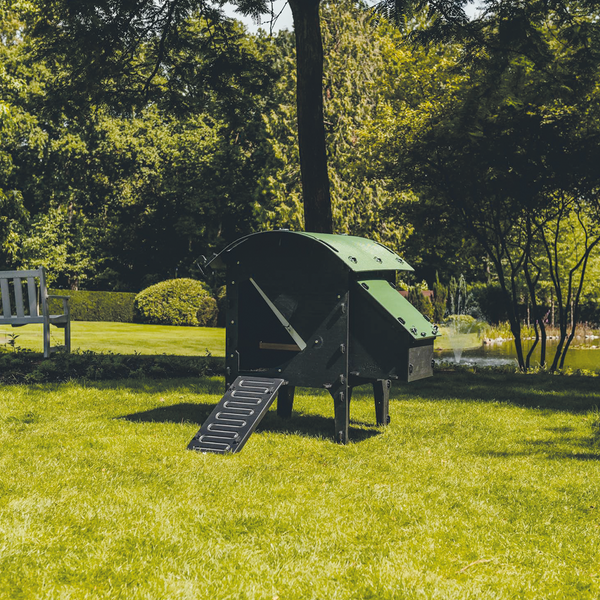Moderner Hühnerstall aus Kunststoff mit Rampe auf einer Rasenfläche in einem Garten mit Bäumen, Bank und Teich.