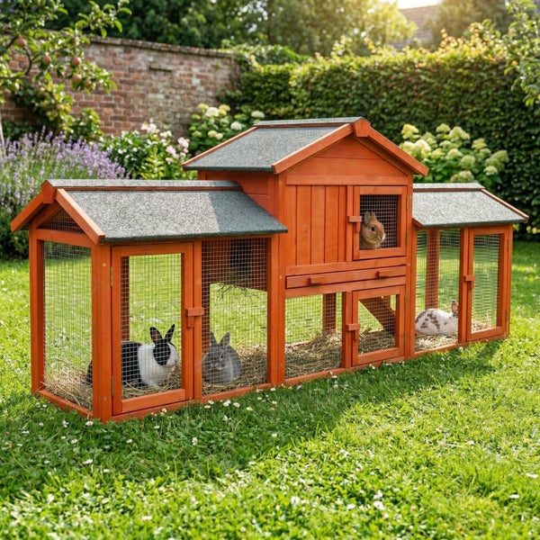 Geräumiger zweistöckiger Kaninchenstall aus Holz mit integrierten Freilaufgehegen, wetterfestem Bitumendach und Drahtgittertüren in einem Garten.