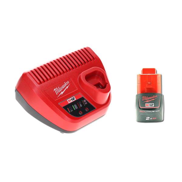 Milwaukee M12 Ladegerät mit einem 2,0 Amperestunden RedLithium-Ion Akku für Elektrowerkzeuge.