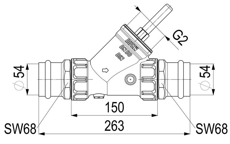 Technische Zeichnung eines Schrägsitzventils mit Maßangaben und Anschlüssen in Durchmesser 54 Millimeter.