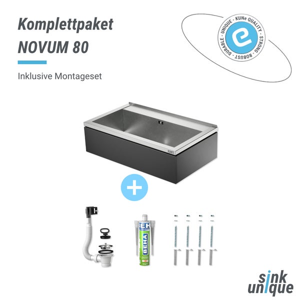 Komplettpaket NOVUM 80 Spüle inklusive Montageset mit Siphon, Dichtmittel und Befestigungsmaterial. KUNe Qualitätssiegel und sink unique Logo.