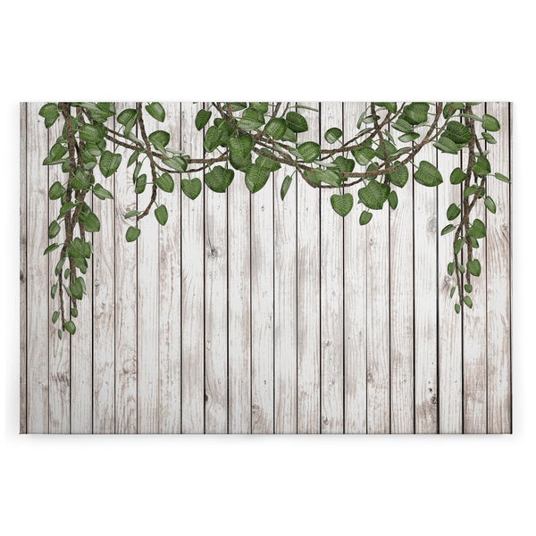 Wandbild mit Motiv aus hängenden Pflanzenranken vor einer Holzwandoptik
