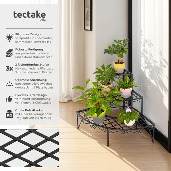 Eck-Pflanzenregal mit drei Ablageflächen aus Stahl von tectake mit Pflanzen