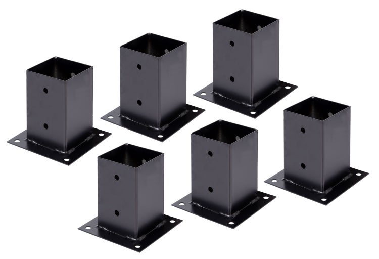 Set aus sechs quadratischen Pfostenträgern aus Metall zum Aufschrauben mit Bohrungen für die Befestigung von Holzbalken.