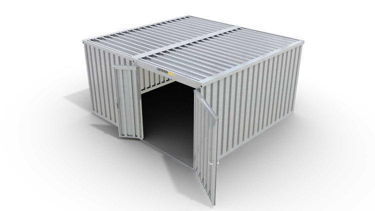Lagercontainer Gerätehaus L2  – 16 qm, H2115 x B4050 x T4340 mm, verzinkt, ohne Fußboden, 1830 mm Doppelflügeltür mittig in Modul D, zerlegt