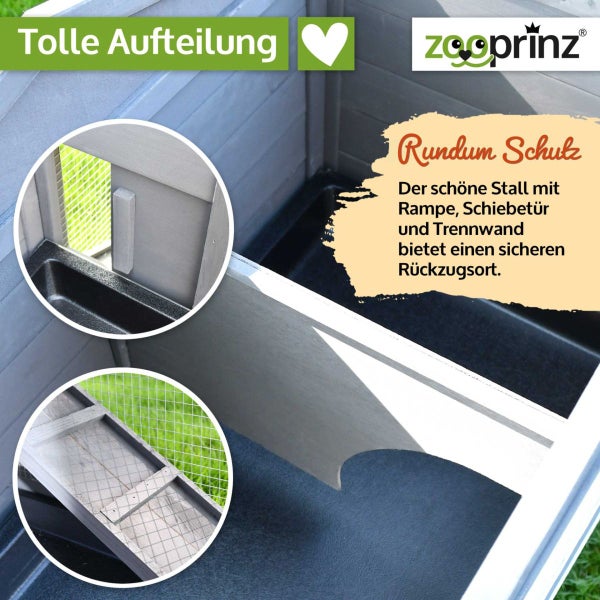 Innenansicht eines Kleintierstalls aus Holz mit Trennwand, Schiebetür und Rampe. zooprinz Logo.