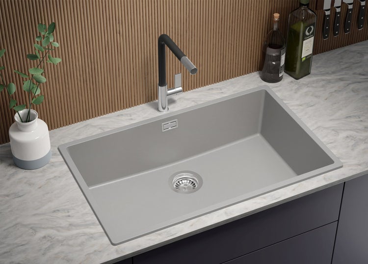 PRIMAGRAN Spülbecken Grau 76x47cm, Granitspüle 1 Becken + Ablauf-Set, Küchenspüle ab 80er Unterschrank - London Slim