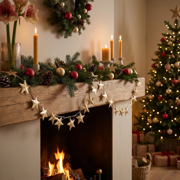 Weihnachtlich dekorierter Kaminsims mit Tannengrün, Kugeln, Sternengirlande, Kerzen und Weihnachtsbaum im festlich geschmückten Wohnzimmer.