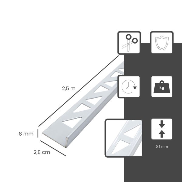 Fliesenprofil: 2,5 Meter lang, 8 Millimeter hoch, 2,8 Zentimeter breit, 0,8 Millimeter stark. Symbole für Kürzen, Schutz, Last und schnelle Montage.