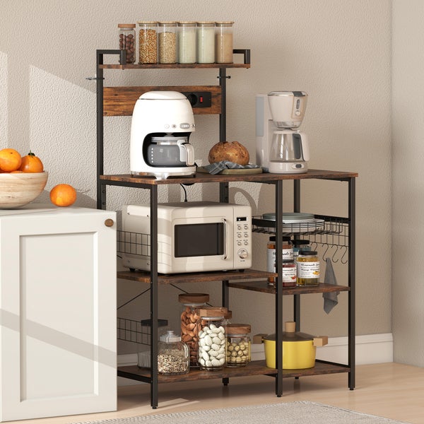Küchenregal aus schwarzem Metall und dunklem Holz mit Mikrowelle, Kaffeemaschine und Vorratsgläsern, organisiert und platzsparend.