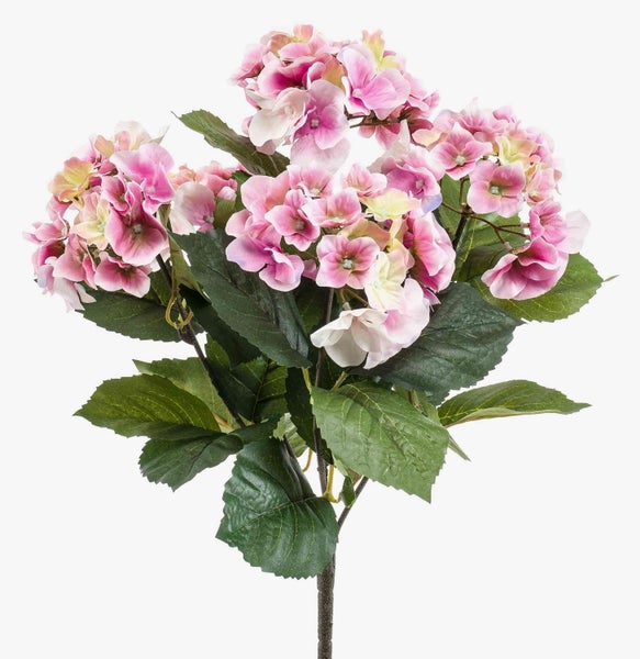 Künstliche Hortensie mit pinken Blütenköpfen und grünen Blättern am Stiel.