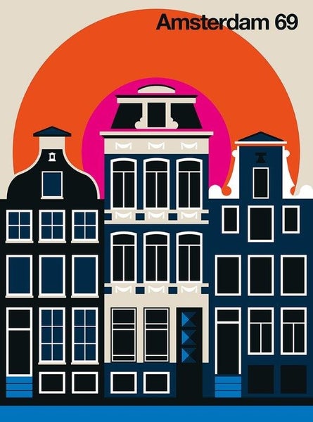Grafische Illustration von drei Amsterdamer Grachtenhäusern im modernen Stil mit dem Schriftzug Amsterdam 69.