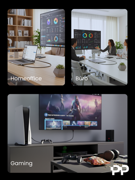 Darstellung verschiedener Nutzungsmöglichkeiten: Homeoffice mit Laptop und Monitor, Büro mit Besprechung und Gaming mit Konsole und Fernseher