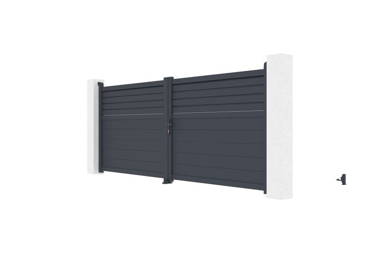 Aluminium Gartentor mit horizontalen Lamellen zwischen zwei Betonsäulen