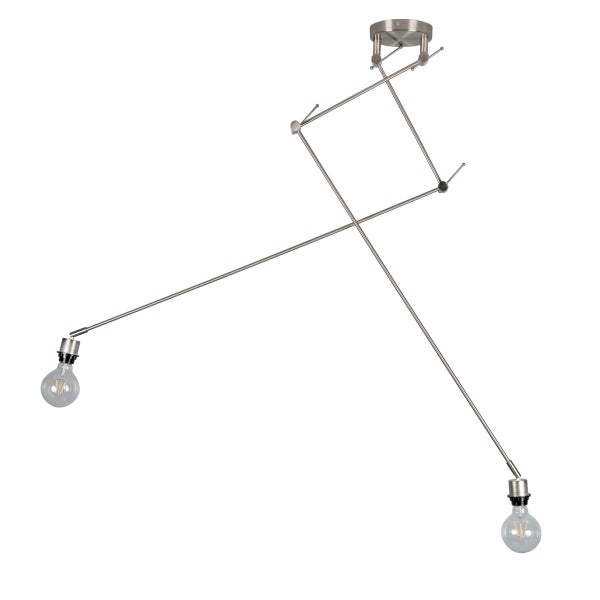 Moderne Deckenleuchte mit zwei schwenkbaren Armen und zwei freiliegenden Glühbirnen aus Metall.