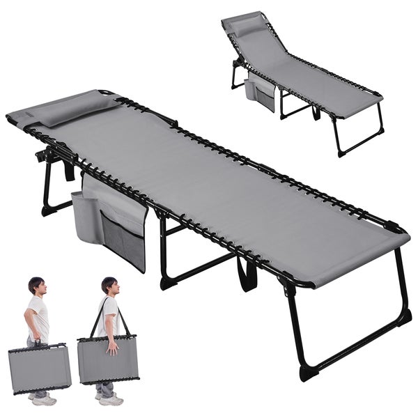 Graue, klappbare Sonnenliege mit Kopfkissen und Seitentasche.