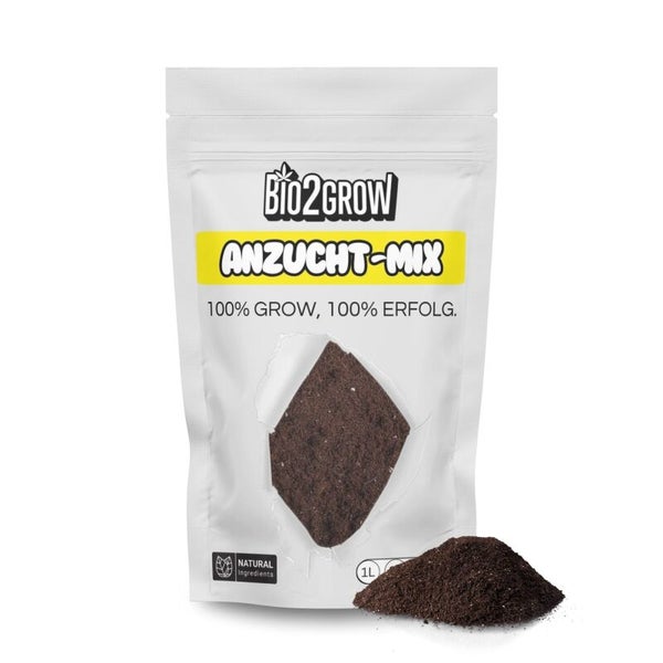 Bio2Grow Anzucht-Mix in einer Verpackung mit einer Menge Anzuchterde davor