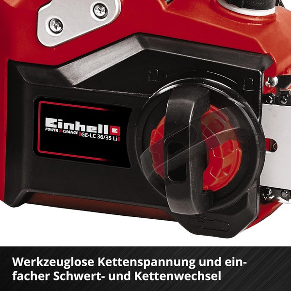 Nahaufnahme einer Einhell Kettensäge mit Drehknopf für werkzeuglose Kettenspannung und einfachen Schwertwechsel. Einhell Logo.