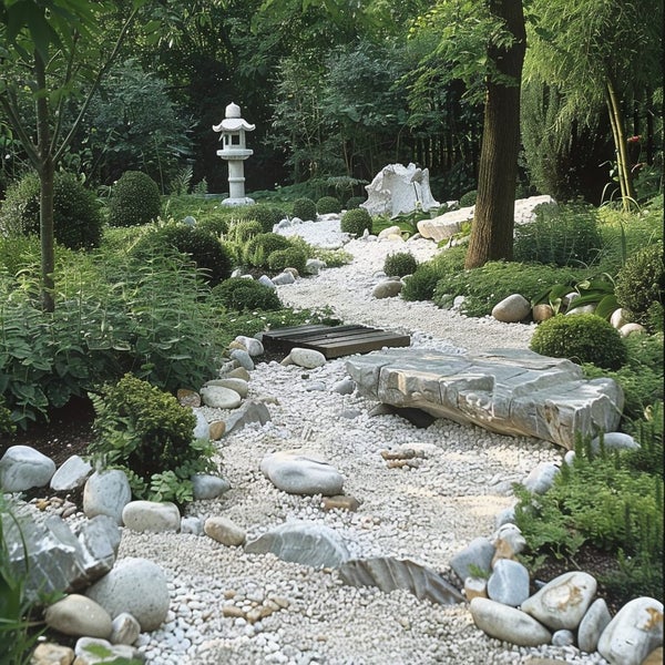 Japanischer Garten mit weißem Kiesweg, großen Natursteinen, einer Steinlaterne und üppiger Bepflanzung im Zen-Stil.