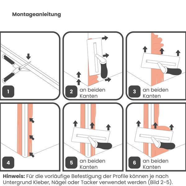 Montageanleitung für ein Eckschutzprofil in sechs Schritten: Zuschneiden, Kleber auftragen, Profil ansetzen, festdrücken und verspachteln.