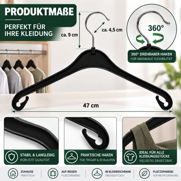 Kunststoff Kleiderbügel mit 47 Zentimeter Breite und drehbarem Haken zur platzsparenden Aufbewahrung von Kleidungsstücken mit Schlaufen.