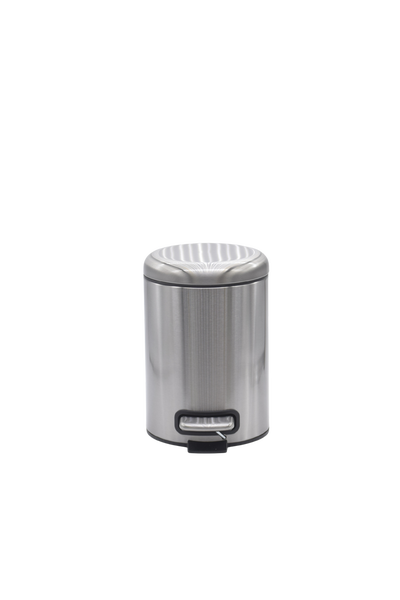 Tretabfalleimer aus mattem Edelstahl, zylindrisch, mit Fußpedal.