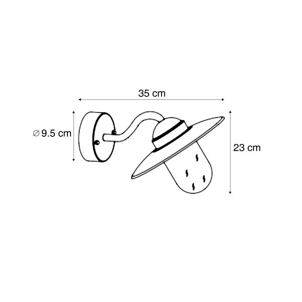 Maßskizze einer Wandleuchte mit 35 Zentimeter Ausladung, 23 Zentimeter Höhe und einem Wandhalterungsdurchmesser von 9,5 Zentimeter.