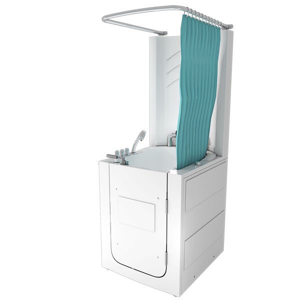 Begehbare Sitzbadewanne mit Whirlpool-Funktion, Tür, Handbrause, integriertem Sitz und Duschvorhangstange.